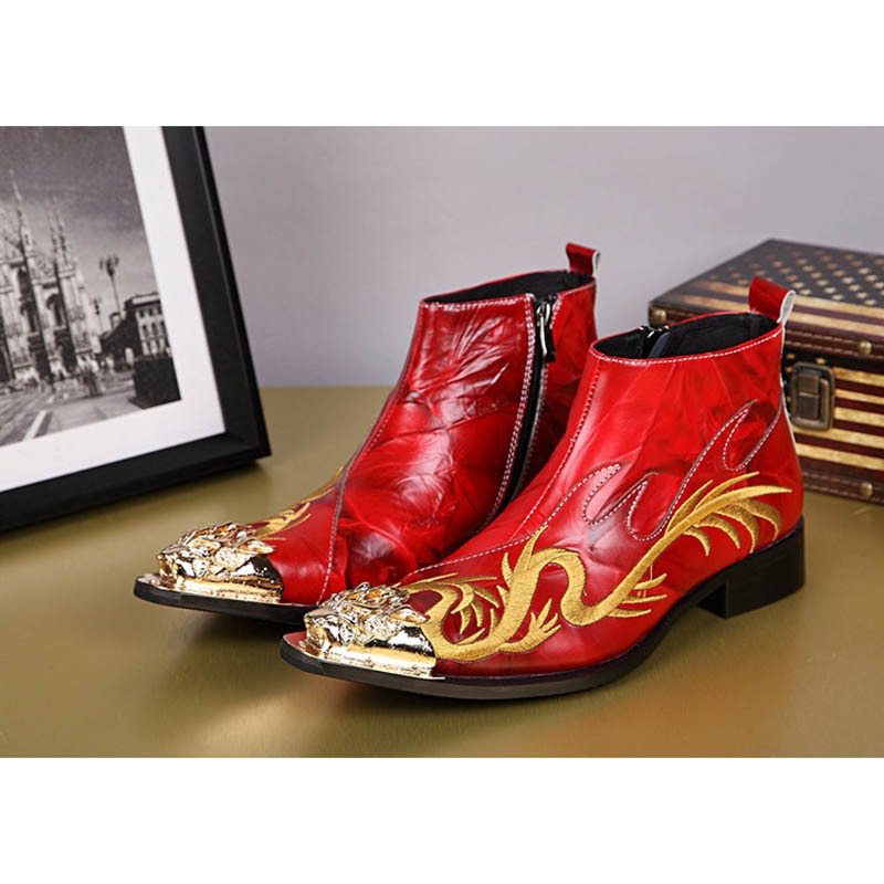 Luxury Designer Men's Genuine Leather Embroidery Zipper Ankle Boots