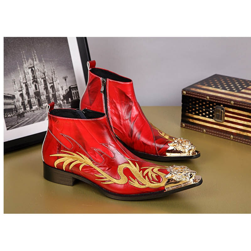 Luxury Designer Men's Genuine Leather Embroidery Zipper Ankle Boots