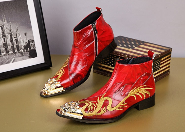 Luxury Designer Men's Genuine Leather Embroidery Zipper Ankle Boots