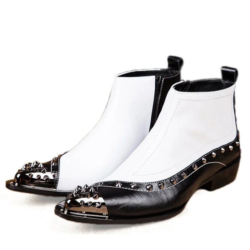 Men's Genuine Leather Rivet Pointed Toe High-Top Western Ankle Boots