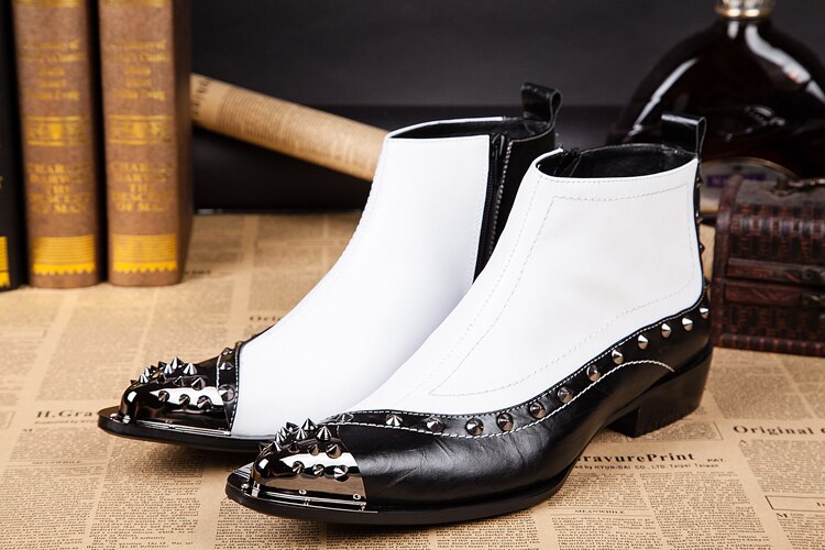 Men's Genuine Leather Rivet Pointed Toe High-Top Western Ankle Boots