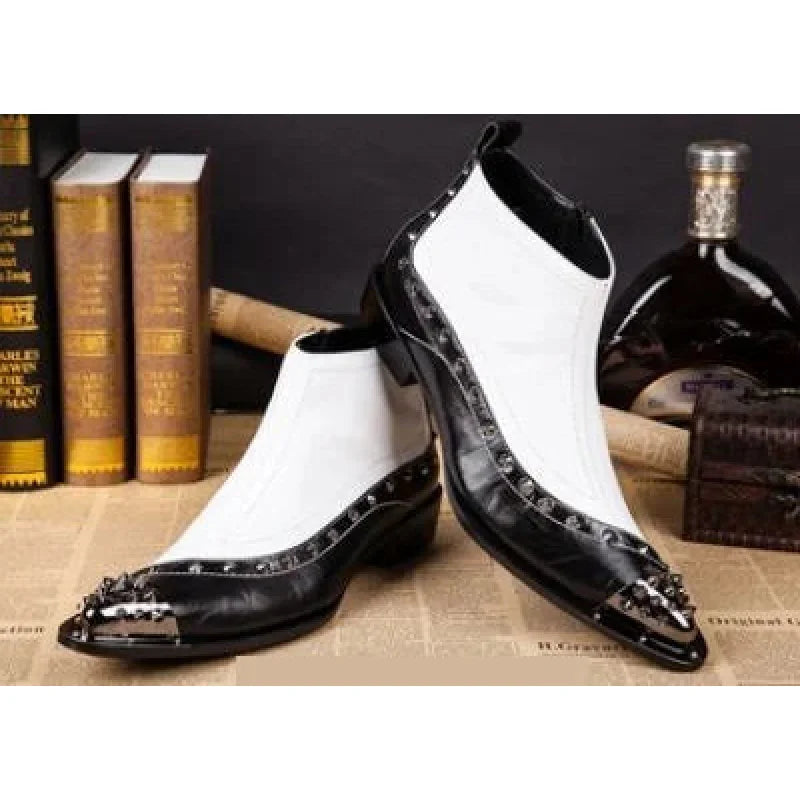 Men's Genuine Leather Rivet Pointed Toe High-Top Western Ankle Boots