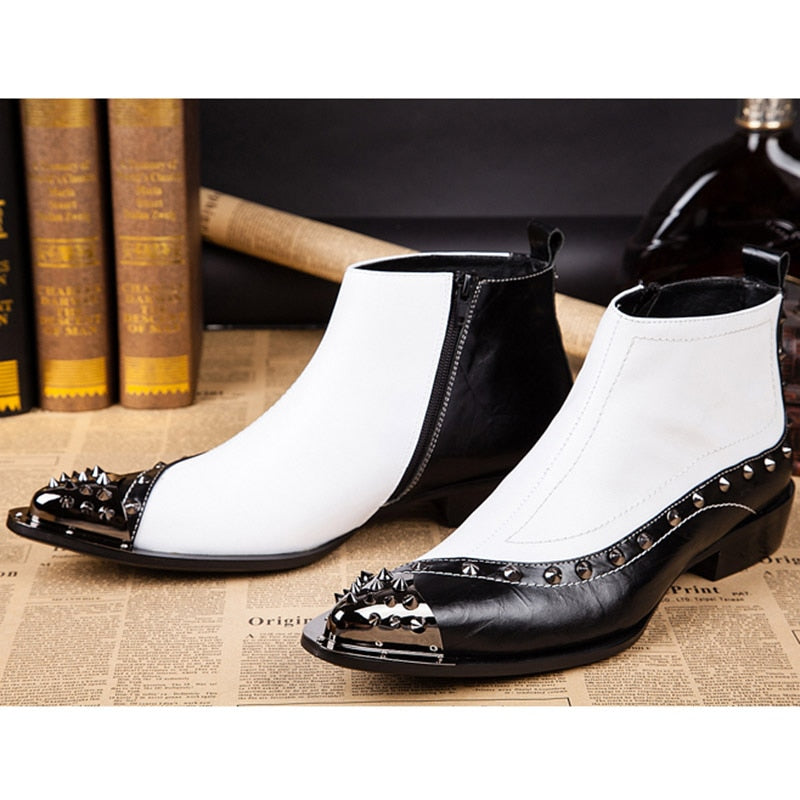 Men's Genuine Leather Rivet Pointed Toe High-Top Western Ankle Boots