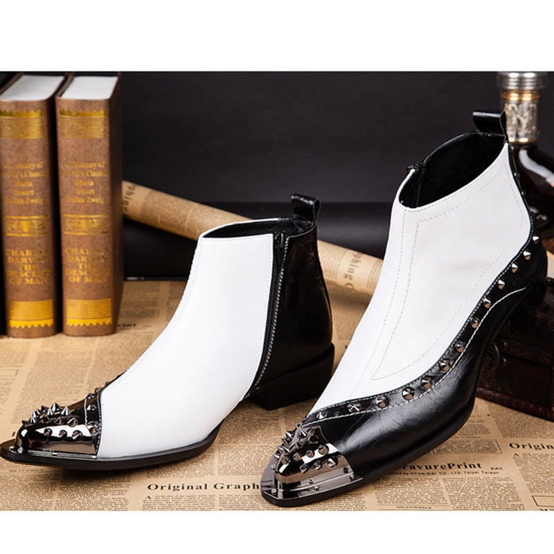 Men's Genuine Leather Rivet Pointed Toe High-Top Western Ankle Boots