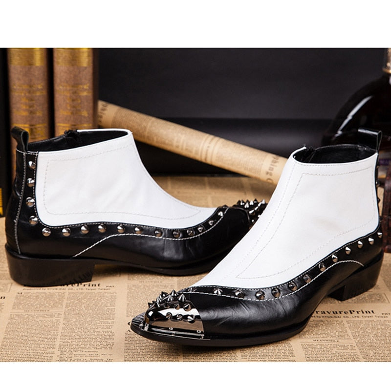 Men's Genuine Leather Rivet Pointed Toe High-Top Western Ankle Boots