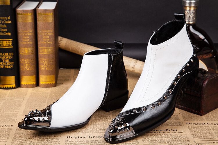 Men's Genuine Leather Rivet Pointed Toe High-Top Western Ankle Boots