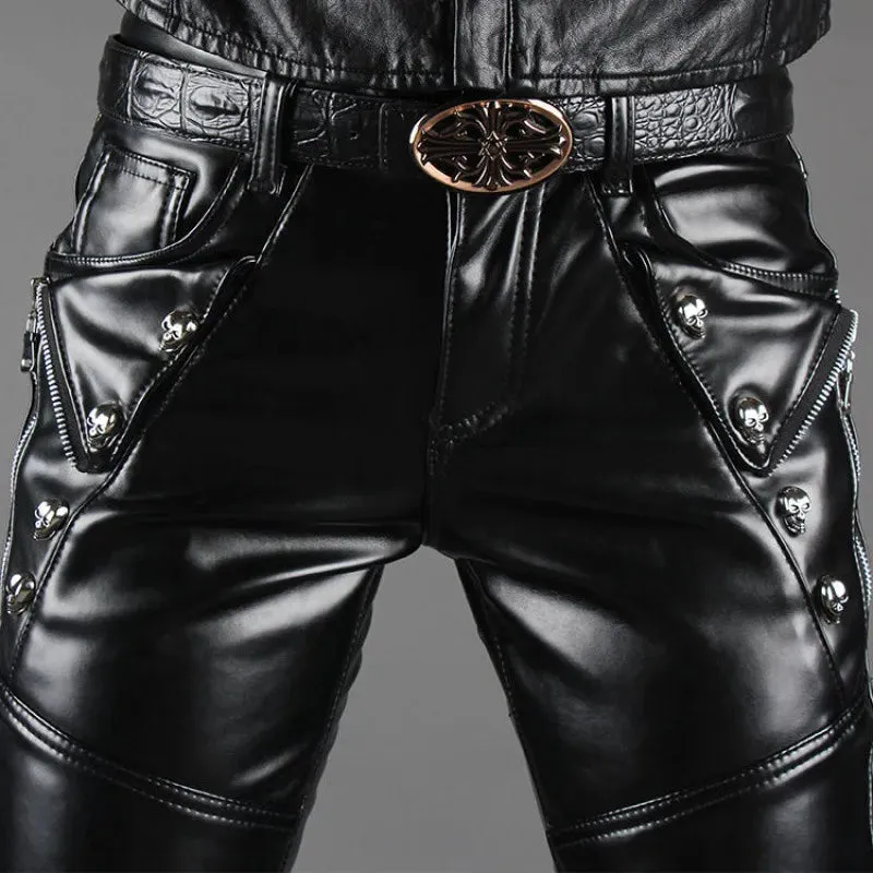 Men's Korean Version Leather Slim Moto Biker Casual Pencil Pants