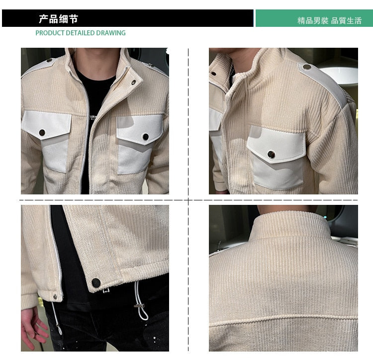 Men's Solid British Casual Zipper Motorcycle Corduroy Splicing Jacket