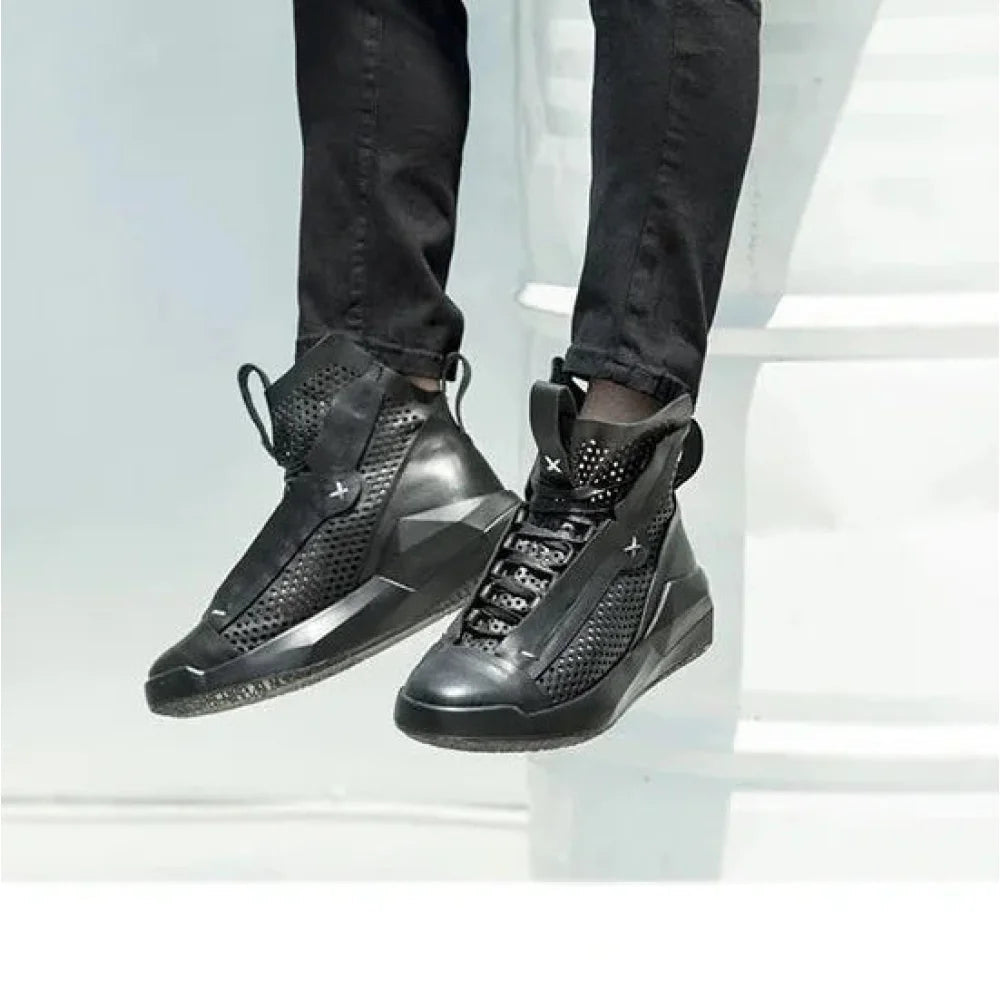 Men's Summer Luxury Black Microfiber Lace Up Breathable Flat Boots