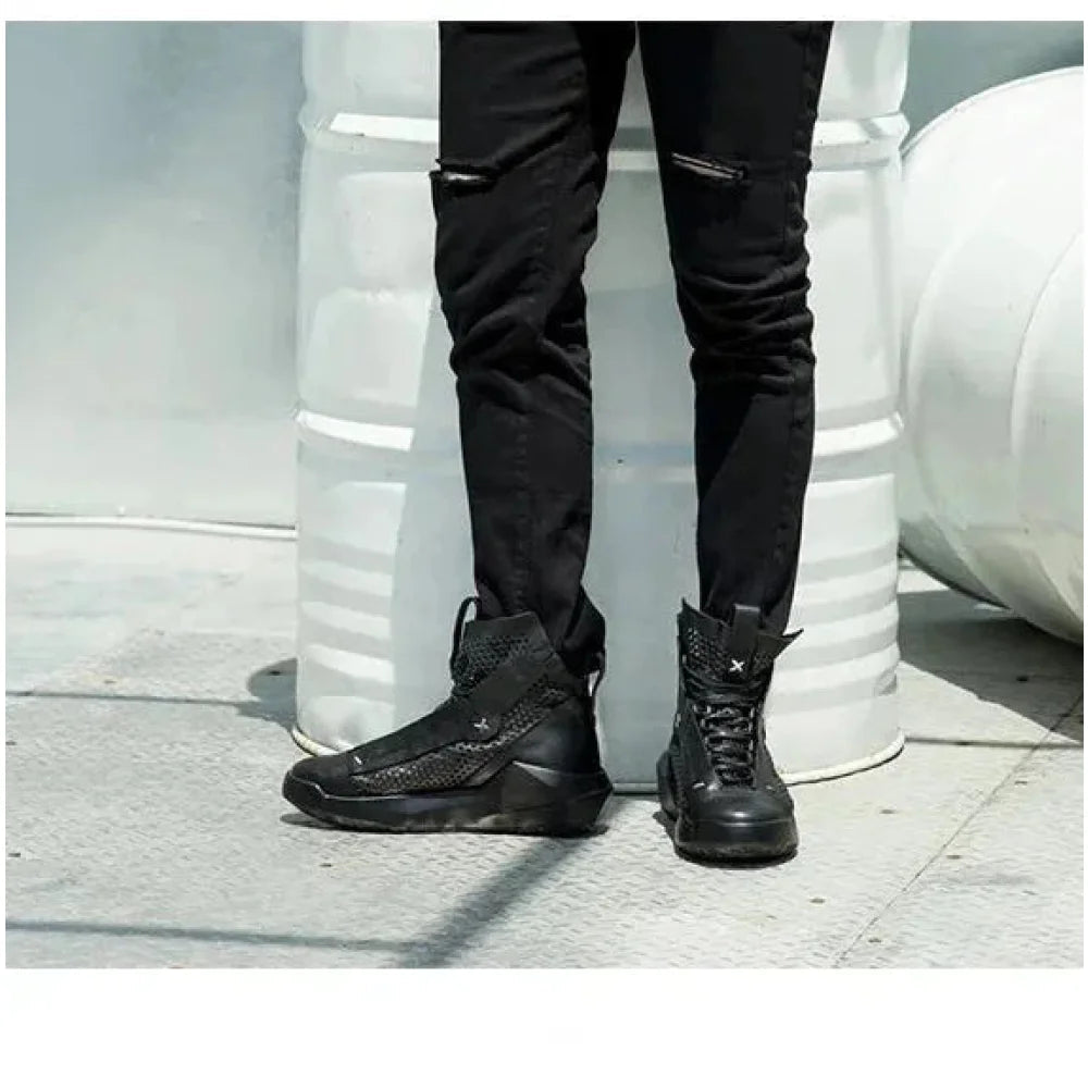 Men's Summer Luxury Black Microfiber Lace Up Breathable Flat Boots