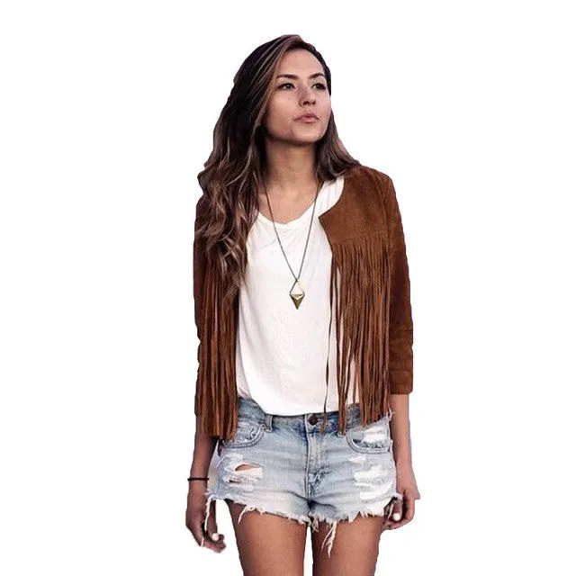 New Fashion Women Outerwear Tassel Plus Size Jacket Long Sleeve Slim Short Coat 70088 GS