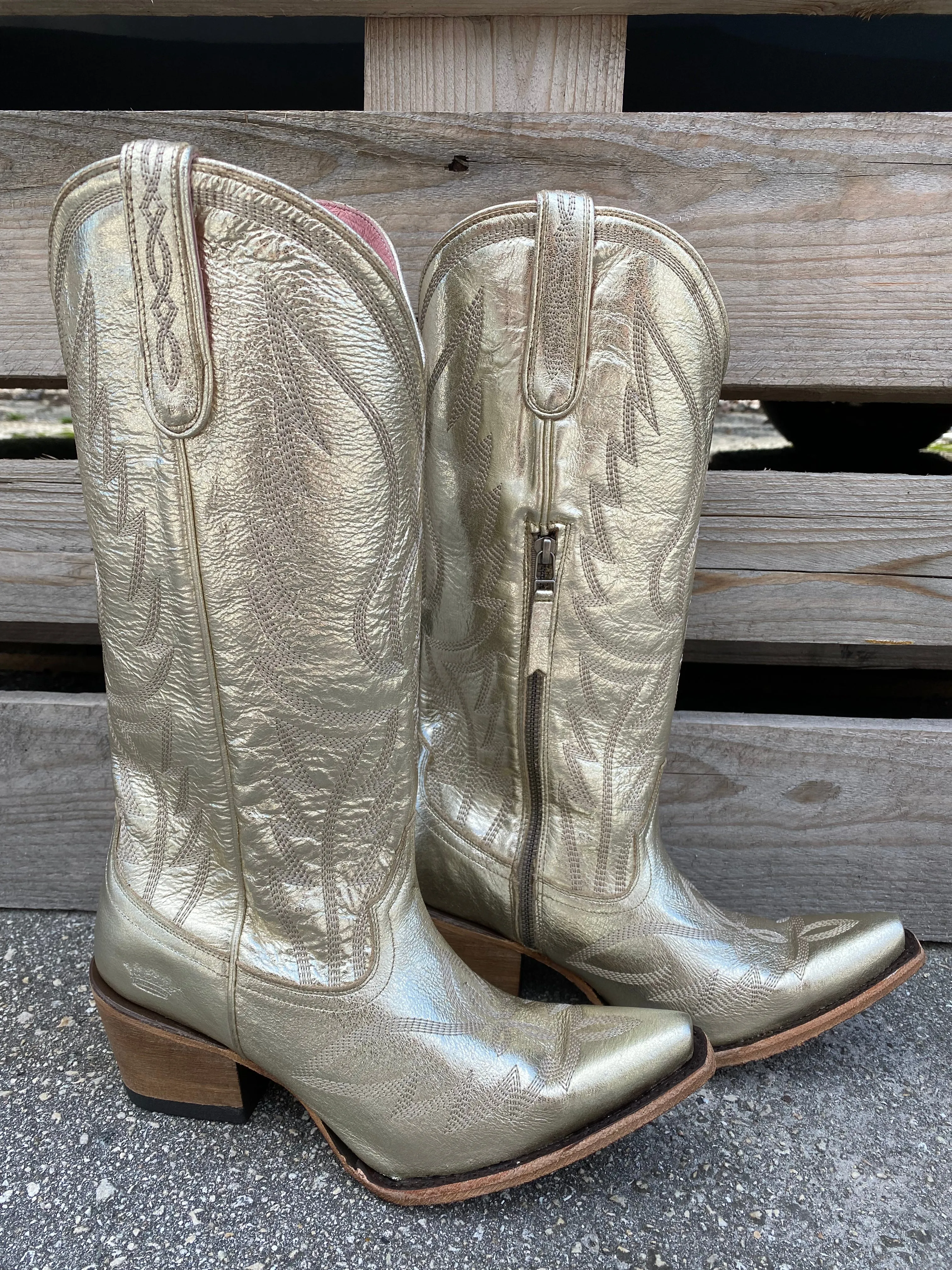 Nighthawk Champagne Metallic Leather Snip Toe Cowgirl Boots