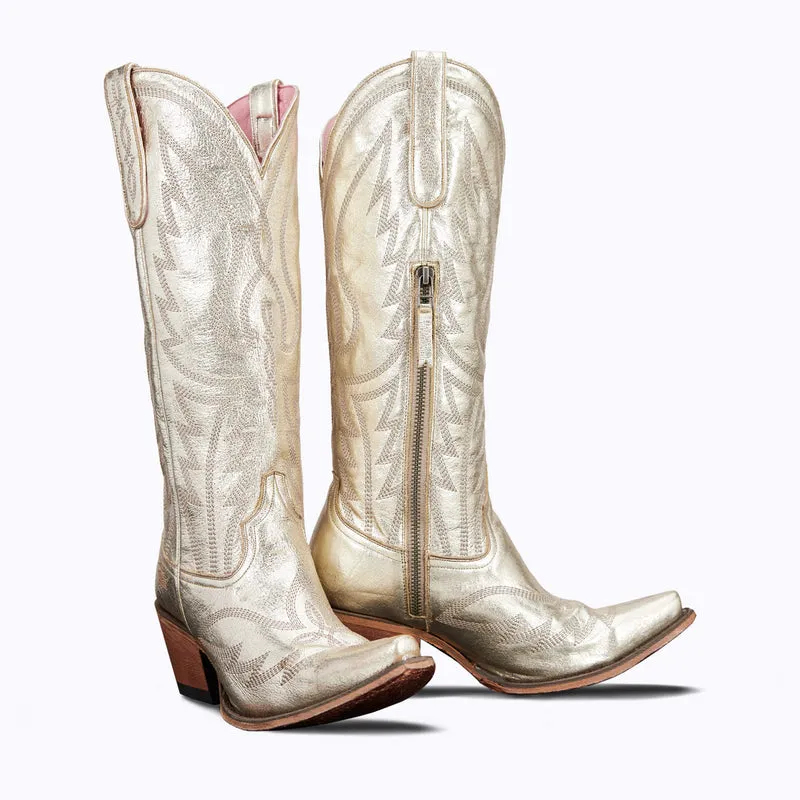 Nighthawk Champagne Metallic Leather Snip Toe Cowgirl Boots