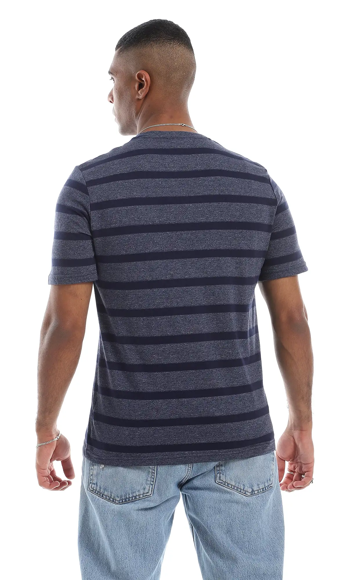 O164003 Round Neck Striped Short Sleeves Navy Blue T-Shirt