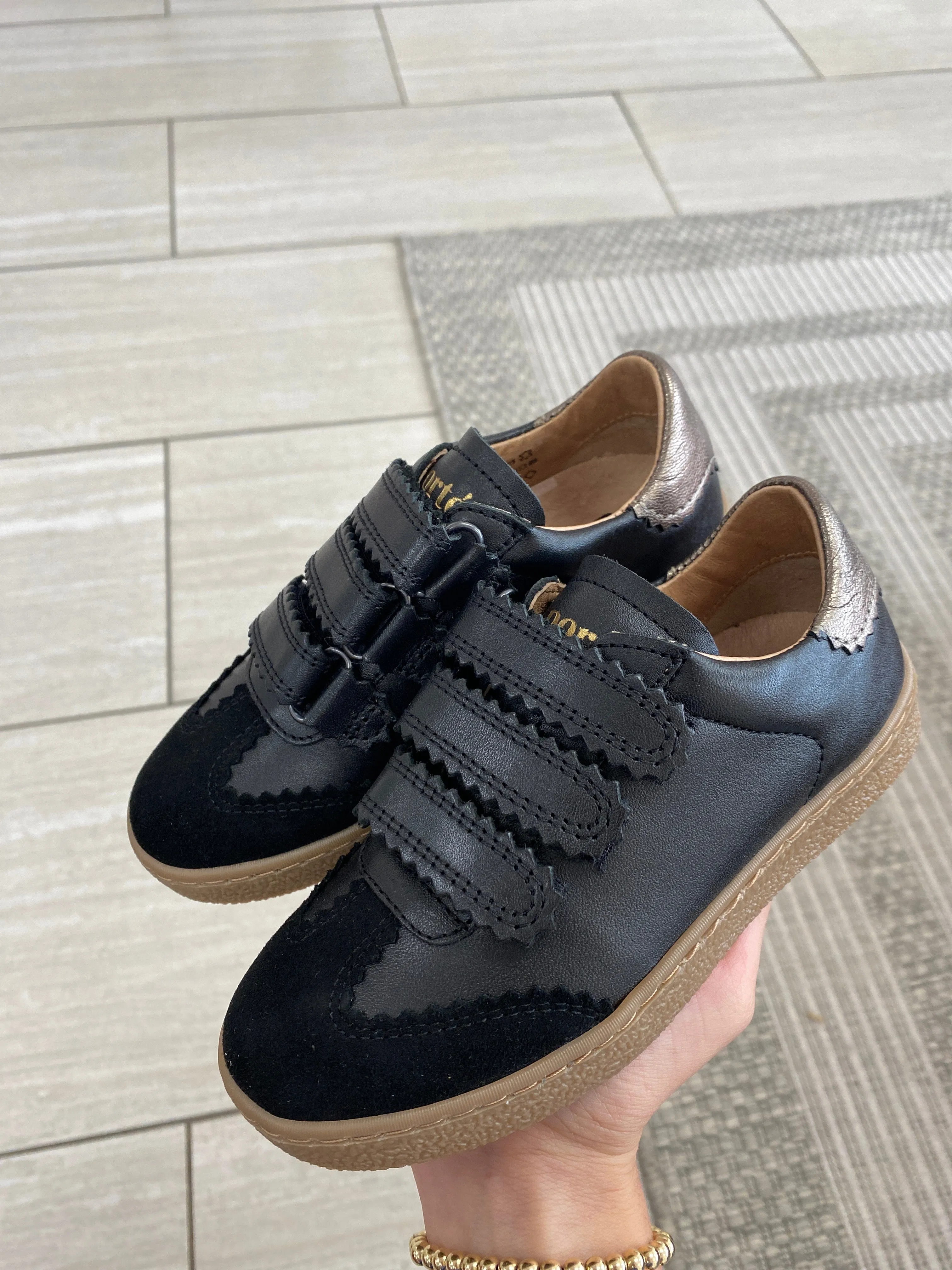 Porte Black and Gold Scalloped Velcro Sneaker