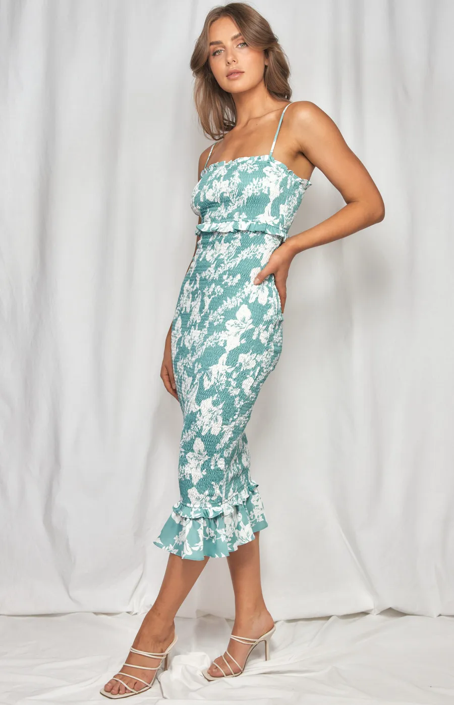 Printed Shirred Midi Dress with Frill Waist Detail (WDR263-2A)