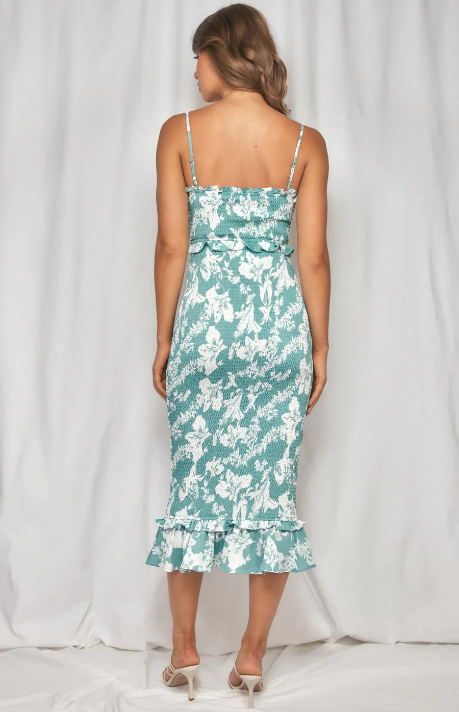 Printed Shirred Midi Dress with Frill Waist Detail (WDR263-2A)