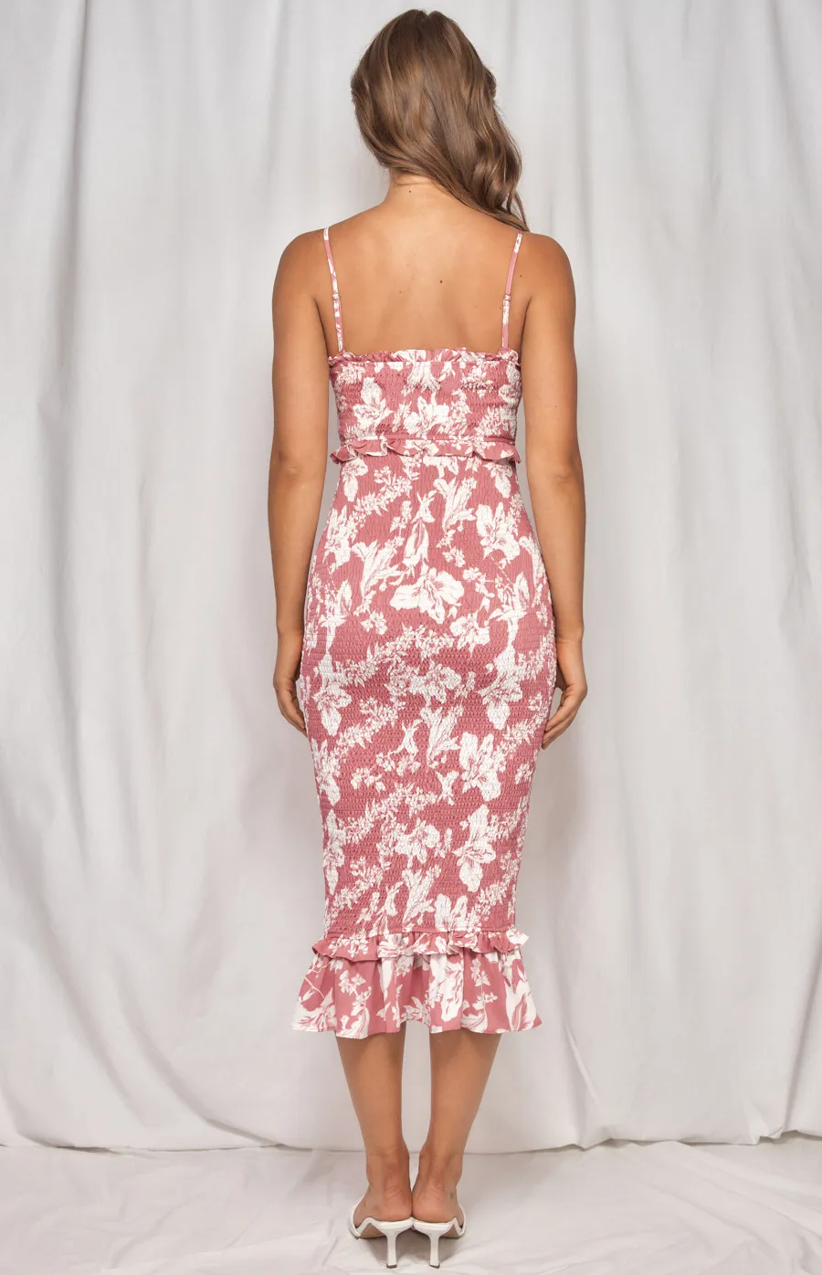 Printed Shirred Midi Dress with Frill Waist Detail (WDR263-2A)