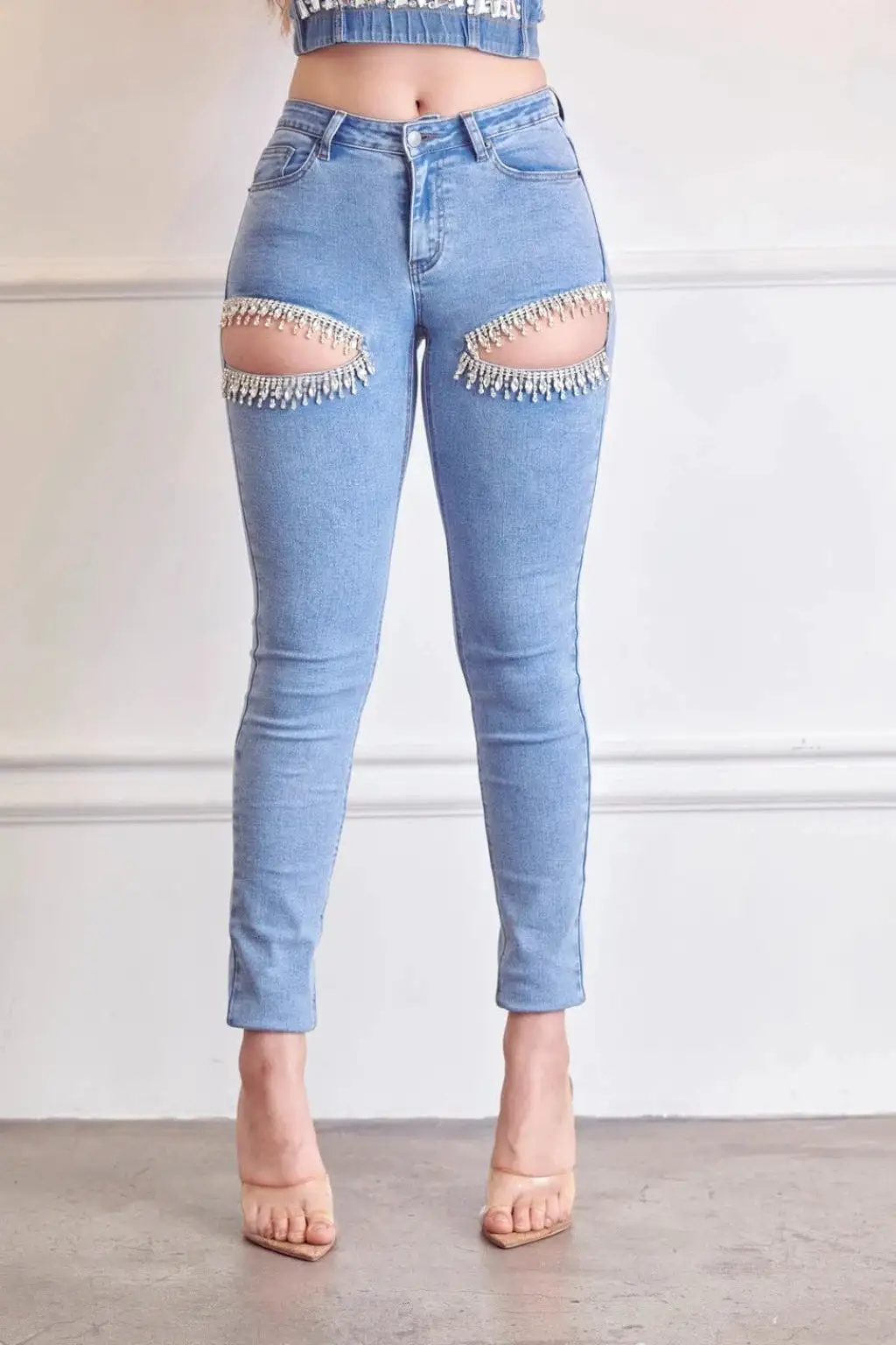 Rhinestone Curvy Stretch Skinny Jeans - Light Blue Wash