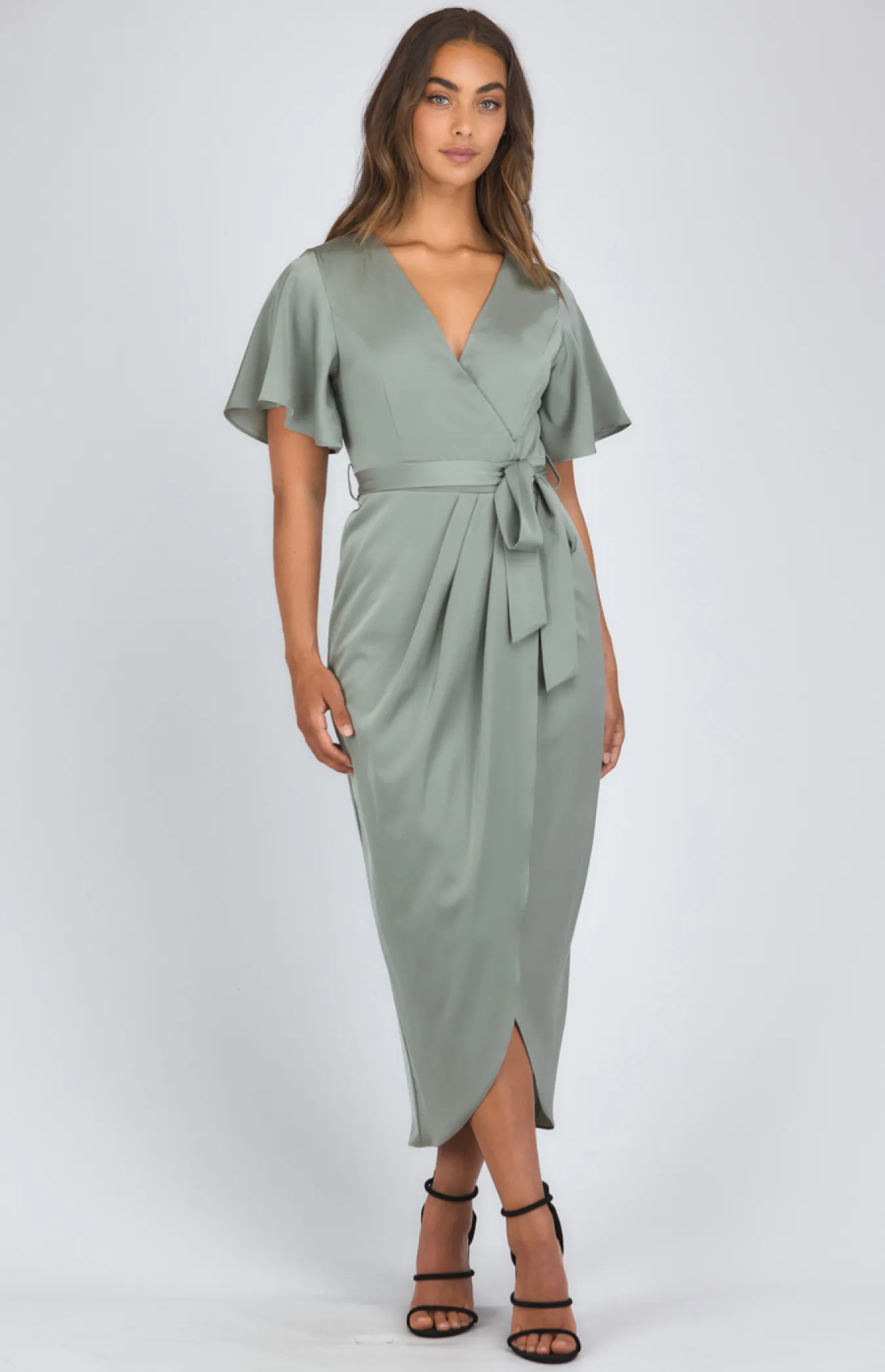 Satin Butterfly Sleeve Midi Dress with Tulip Hem (SDR1120B)