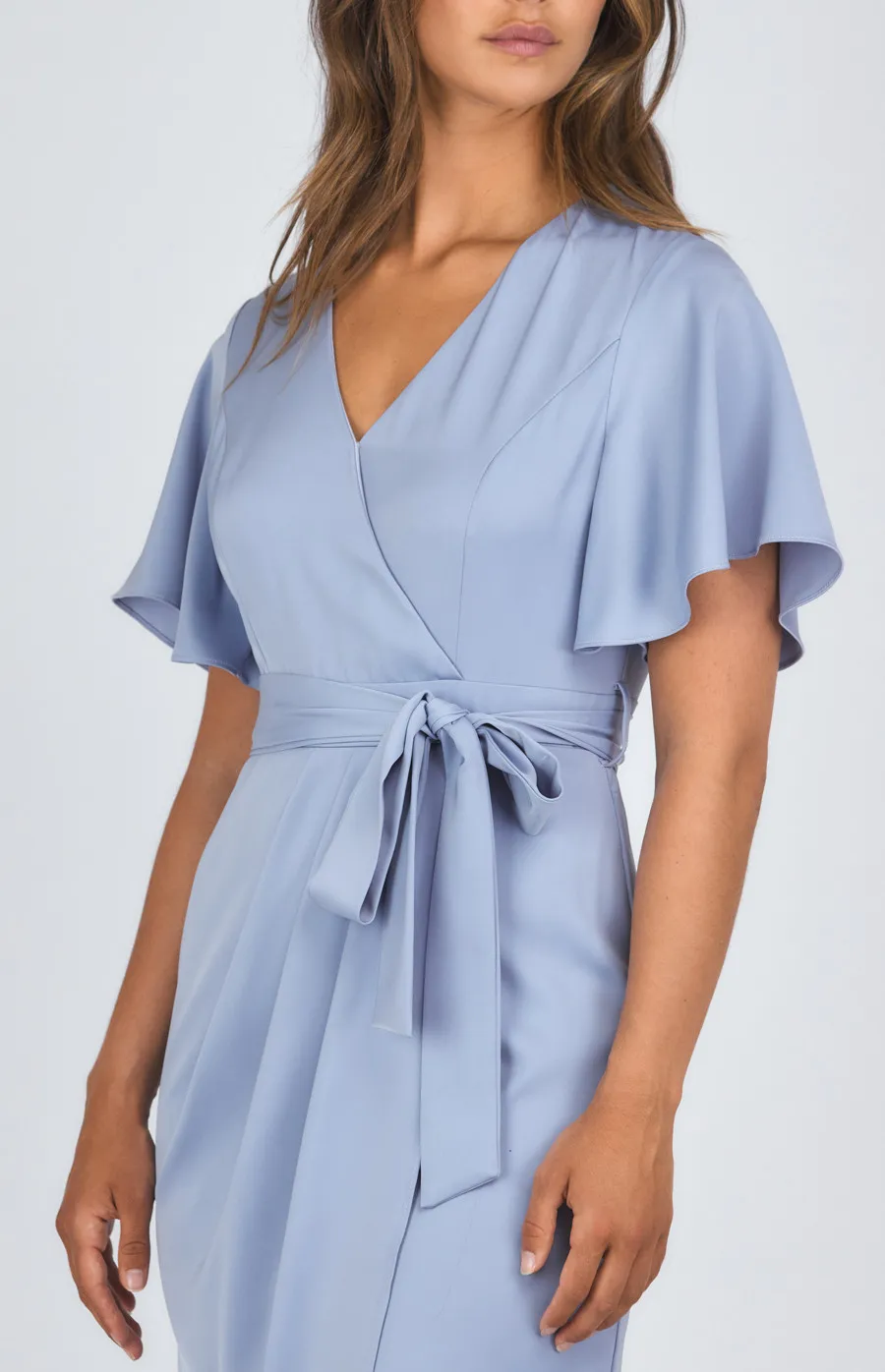 Satin Butterfly Sleeve Midi Dress with Tulip Hem (SDR1120B)