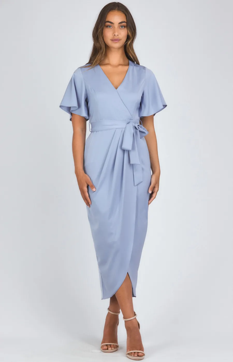 Satin Butterfly Sleeve Midi Dress with Tulip Hem (SDR1120B)