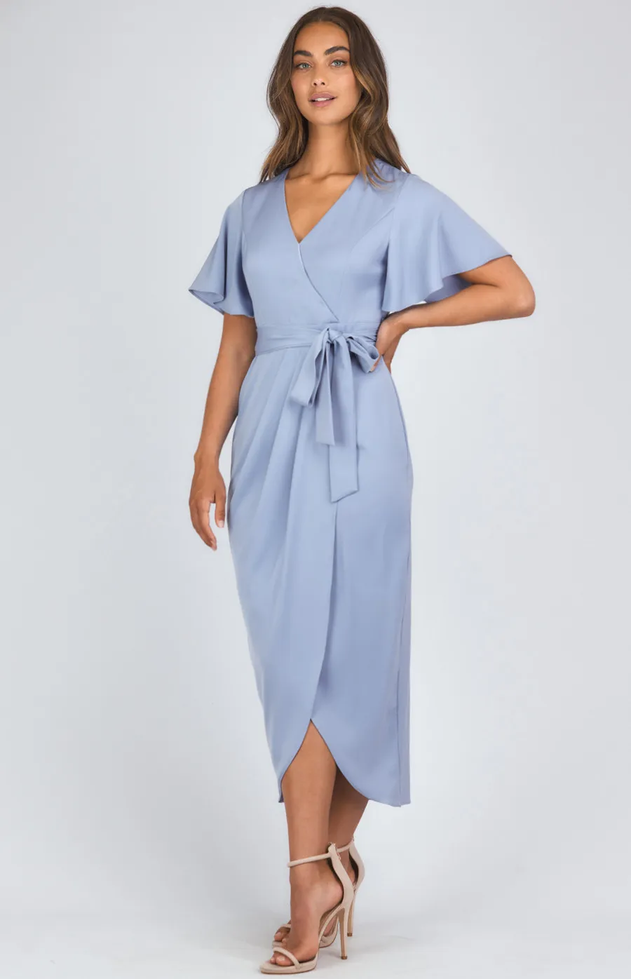 Satin Butterfly Sleeve Midi Dress with Tulip Hem (SDR1120B)