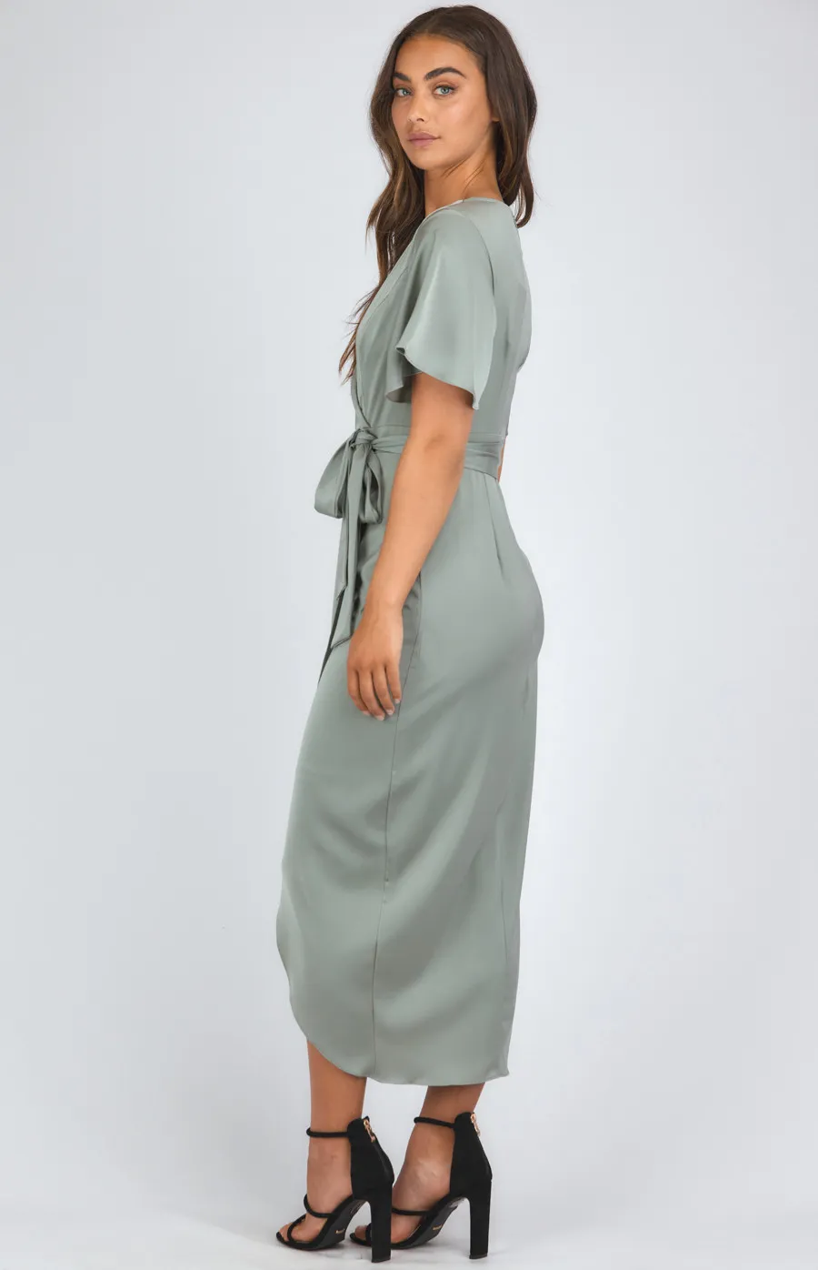 Satin Butterfly Sleeve Midi Dress with Tulip Hem (SDR1120B)