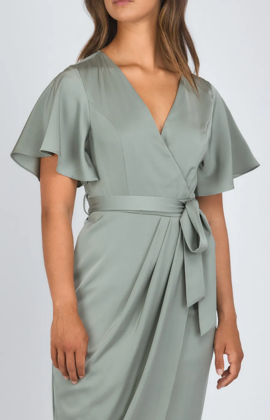 Satin Butterfly Sleeve Midi Dress with Tulip Hem (SDR1120B)