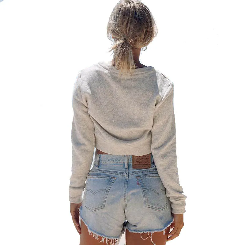 Simple Apparel Autumn chic lace up sweatshirt Women tops v neck ladies sweatshirt warm Gray crop top long sleeve 70098 GS