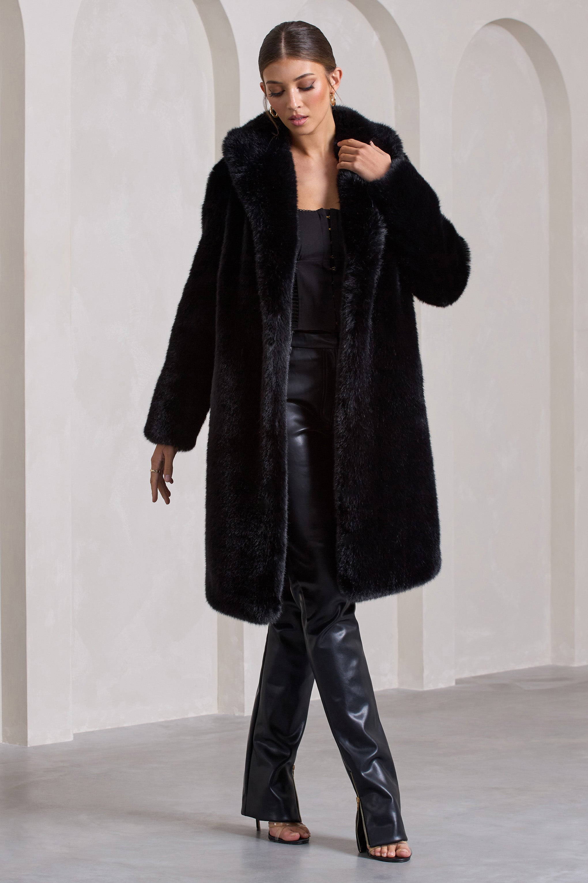 Slopeside | Black Long Belted Faux Fur Coat