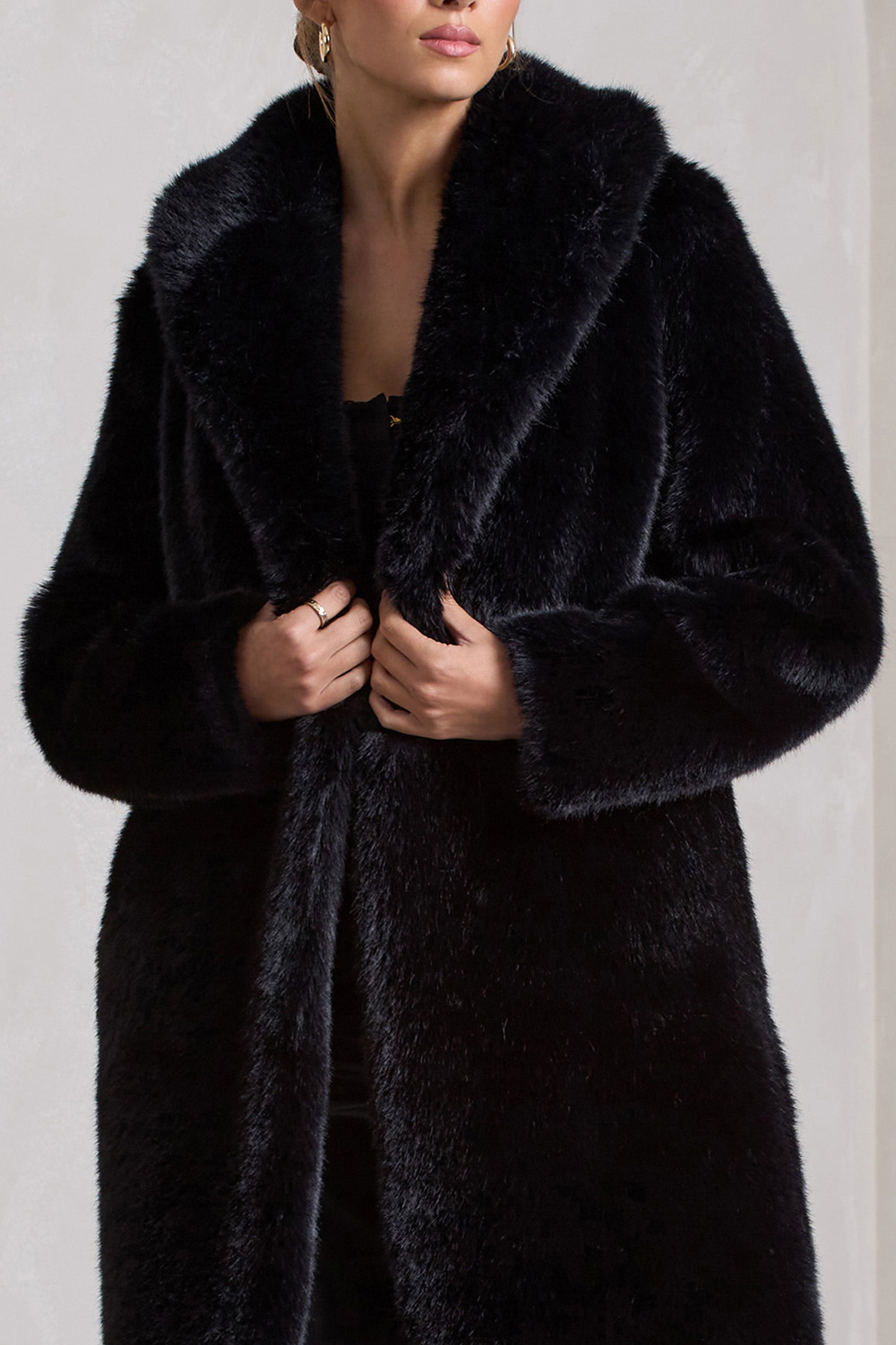 Slopeside | Black Long Belted Faux Fur Coat