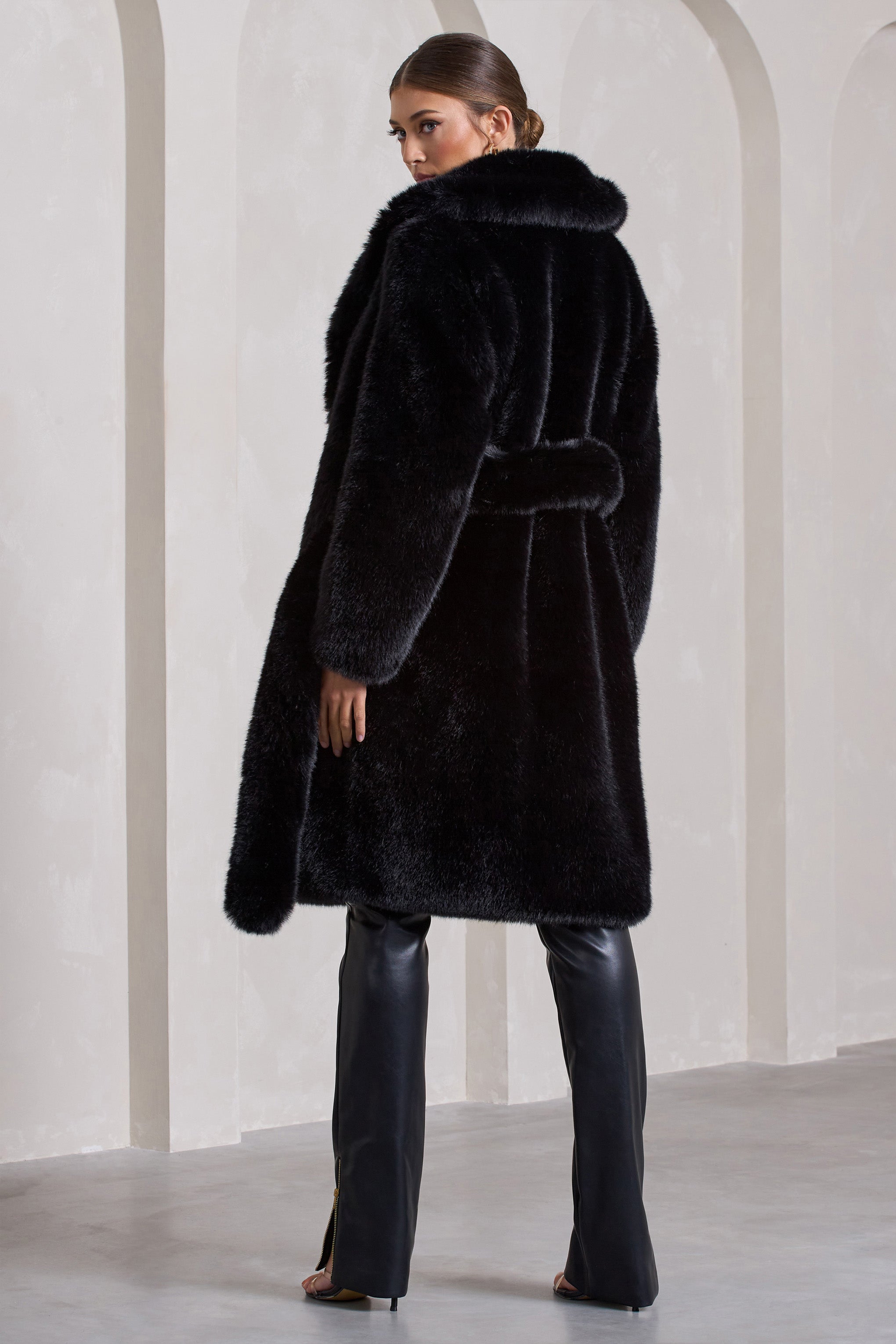 Slopeside | Black Long Belted Faux Fur Coat