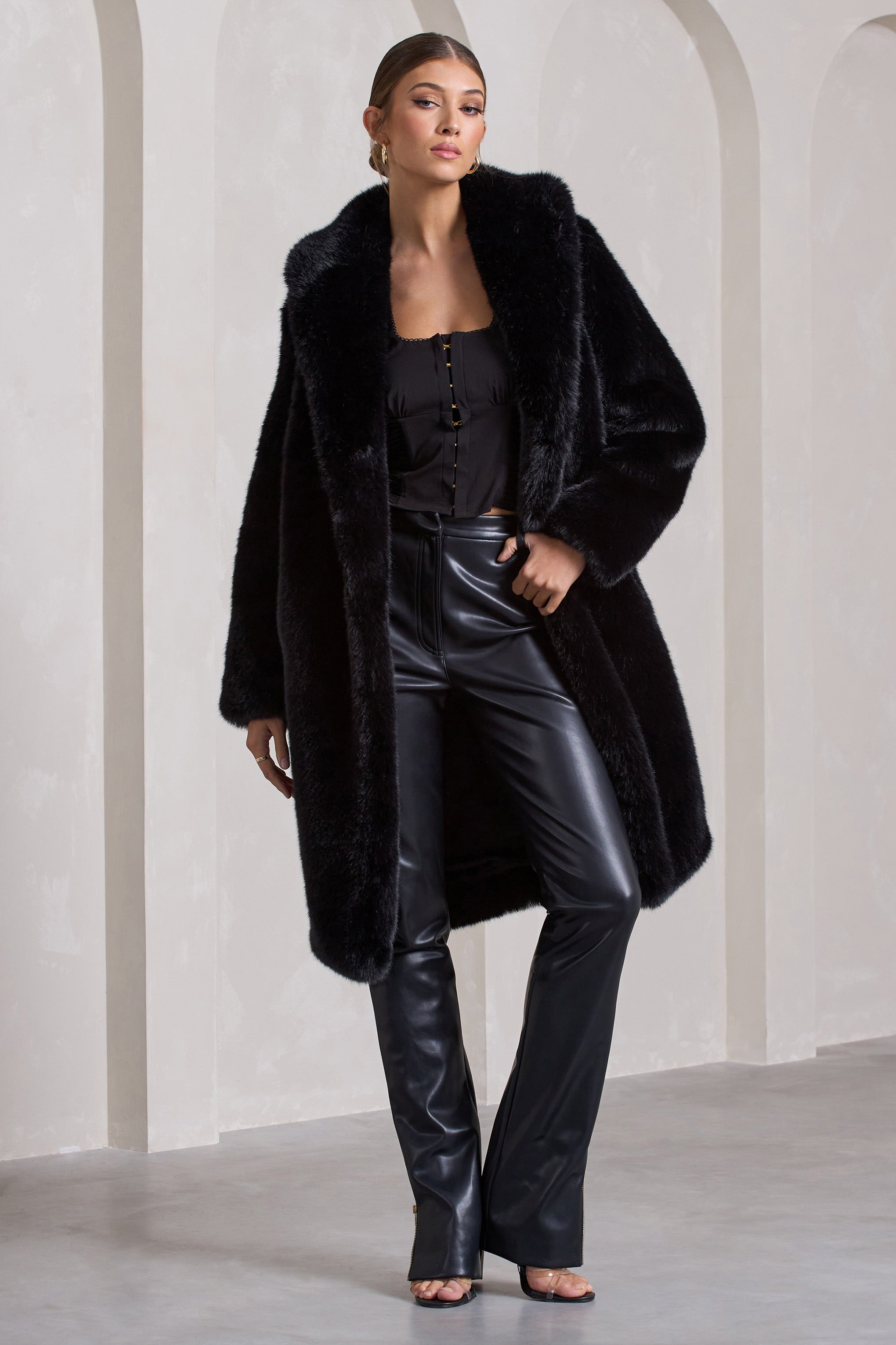 Slopeside | Black Long Belted Faux Fur Coat