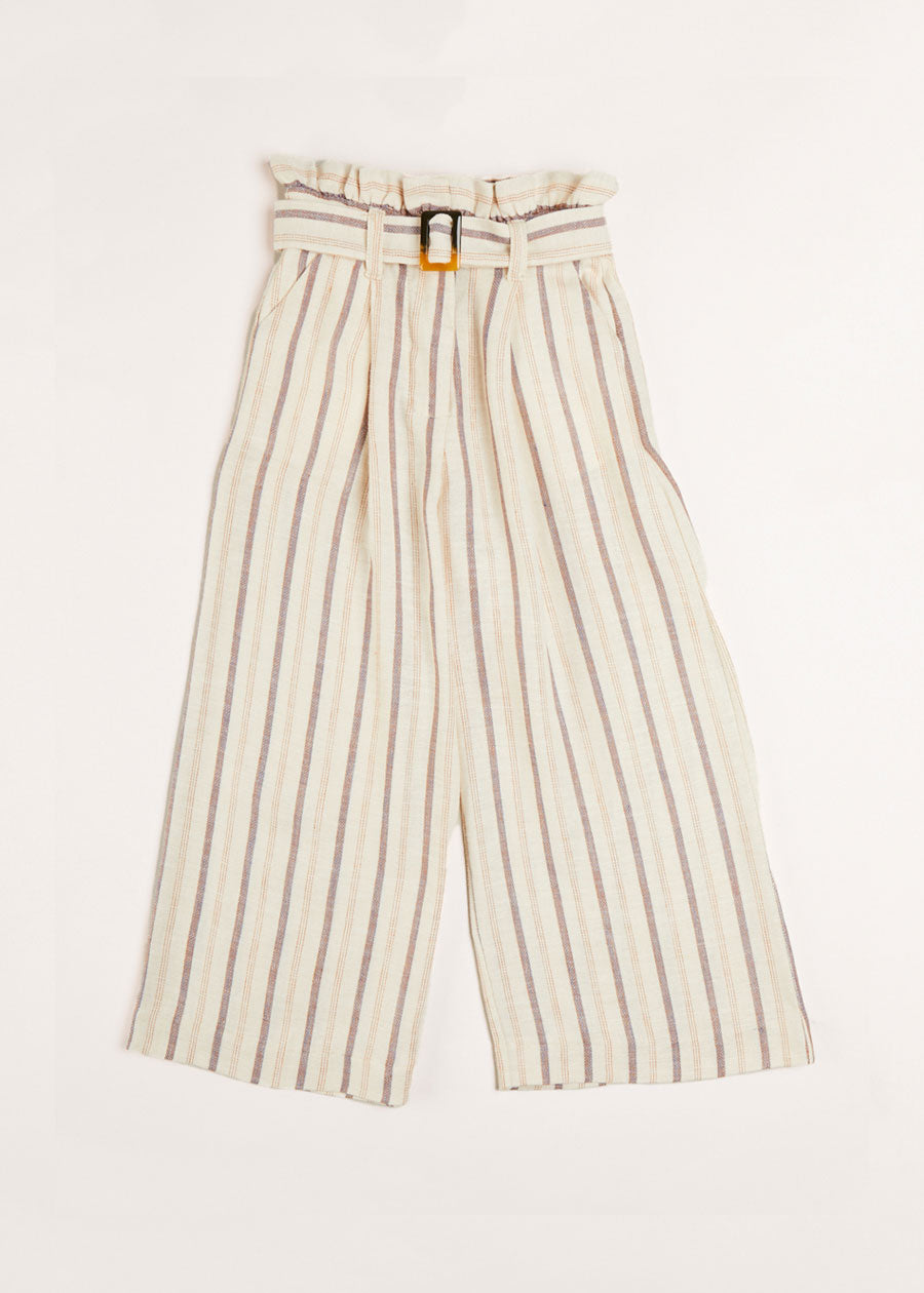 Striped Tied Waist Wide Leg Trousers in Beige (4-10yrs)