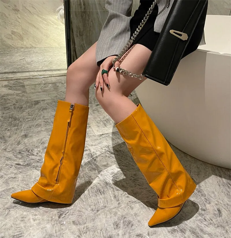 Stylish Fold Over Wedge Boots for Women, Fall Winter Spring Heel Boots, Pointed Toe Black Leather Boots, Knee High Boots, Size 3