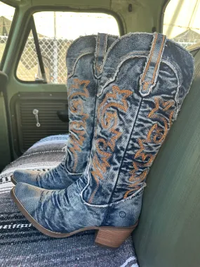 Texas Tornado Distressed Denim Embroidered Knee High Boots (DS)