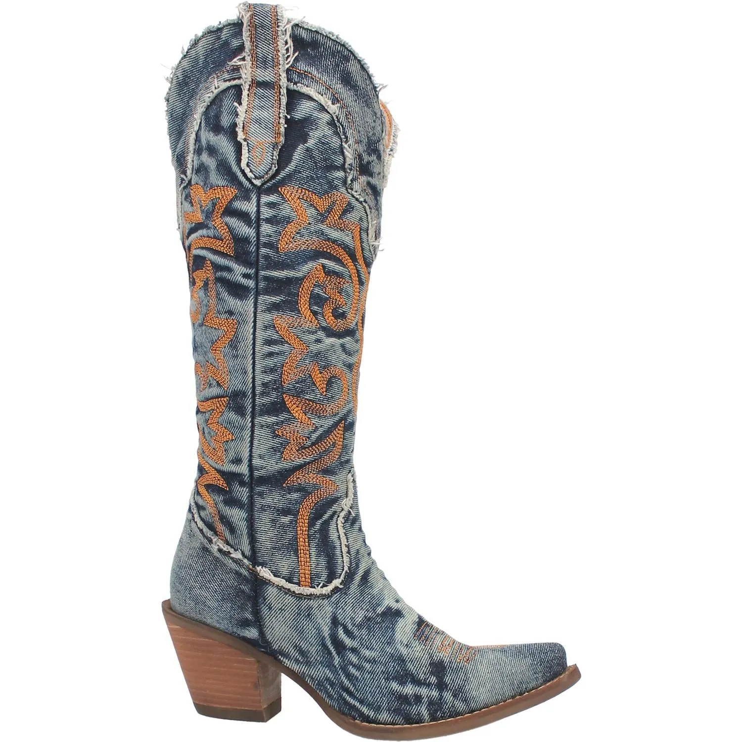 Texas Tornado Distressed Denim Embroidered Knee High Boots (DS)