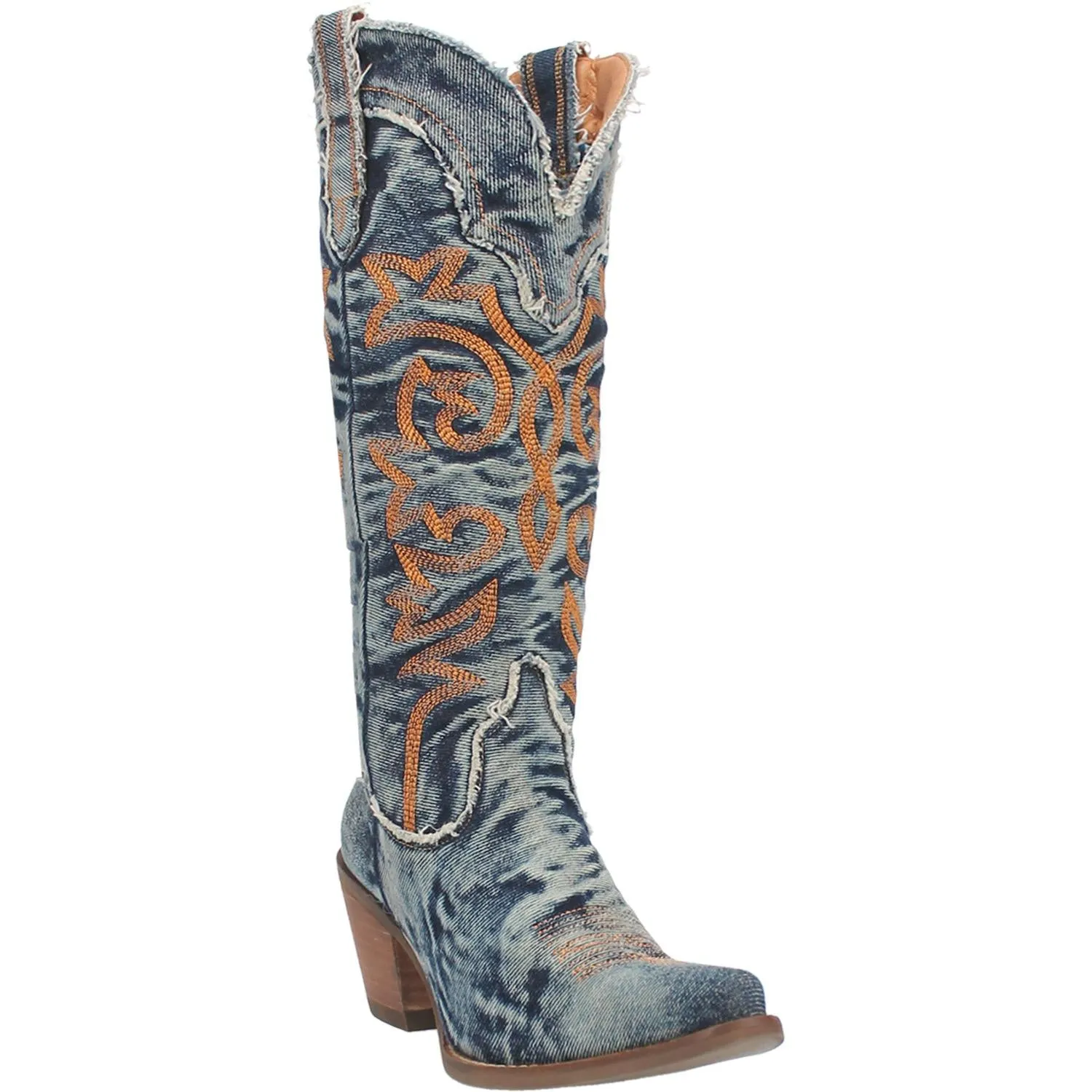 Texas Tornado Distressed Denim Embroidered Knee High Boots (DS)