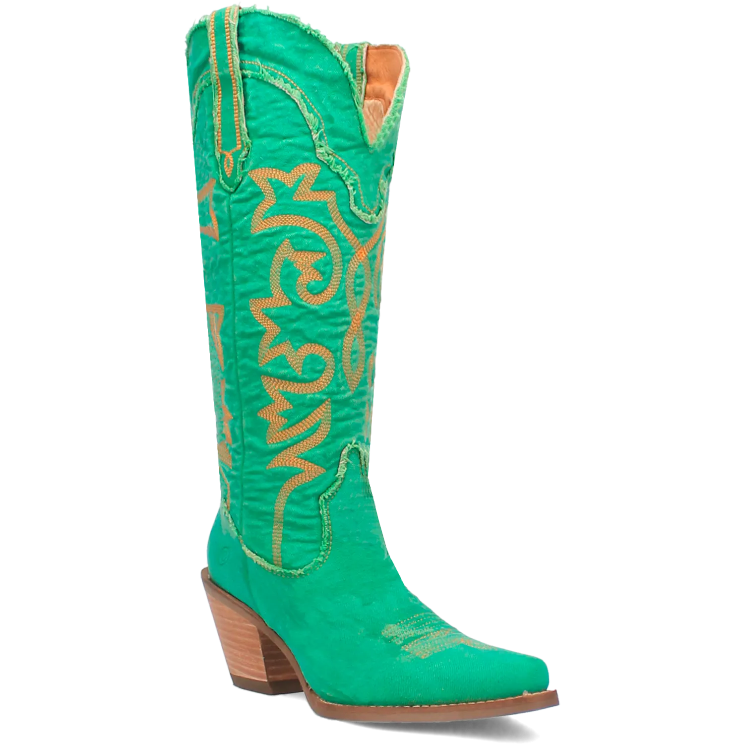 Texas Tornado Distressed Green Denim Embroidered Knee High Boots (DS)