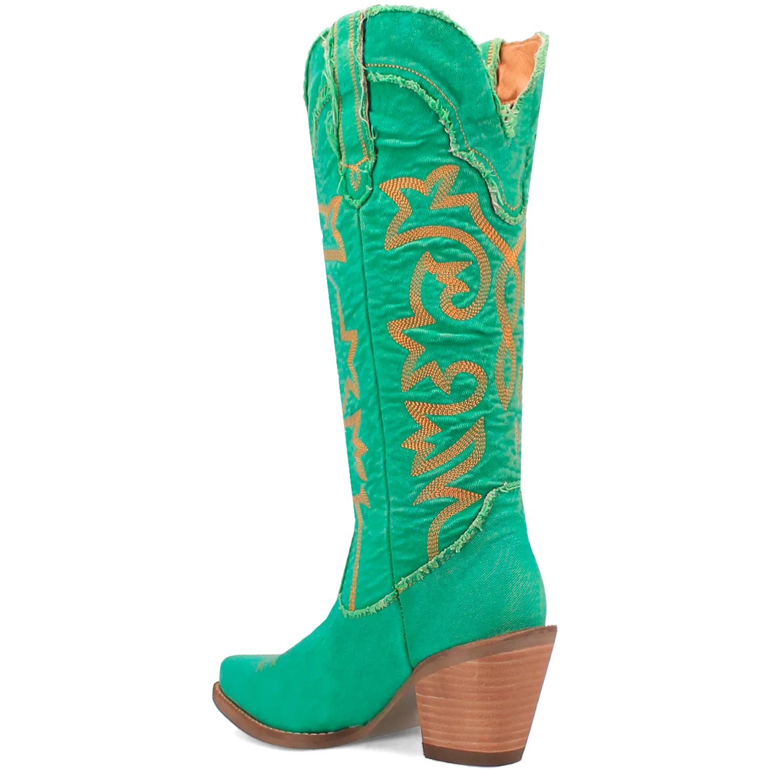 Texas Tornado Distressed Green Denim Embroidered Knee High Boots (DS)