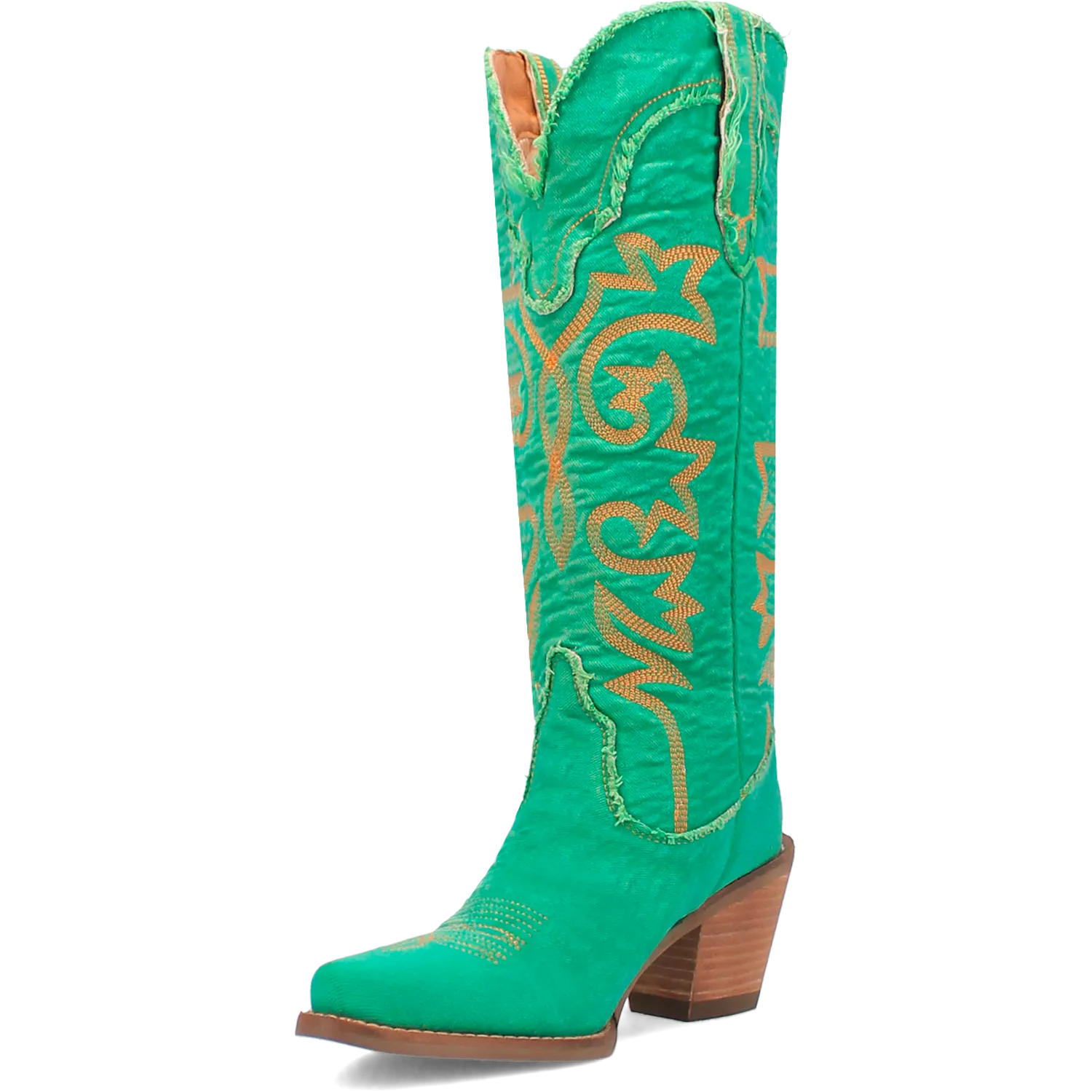 Texas Tornado Distressed Green Denim Embroidered Knee High Boots (DS)