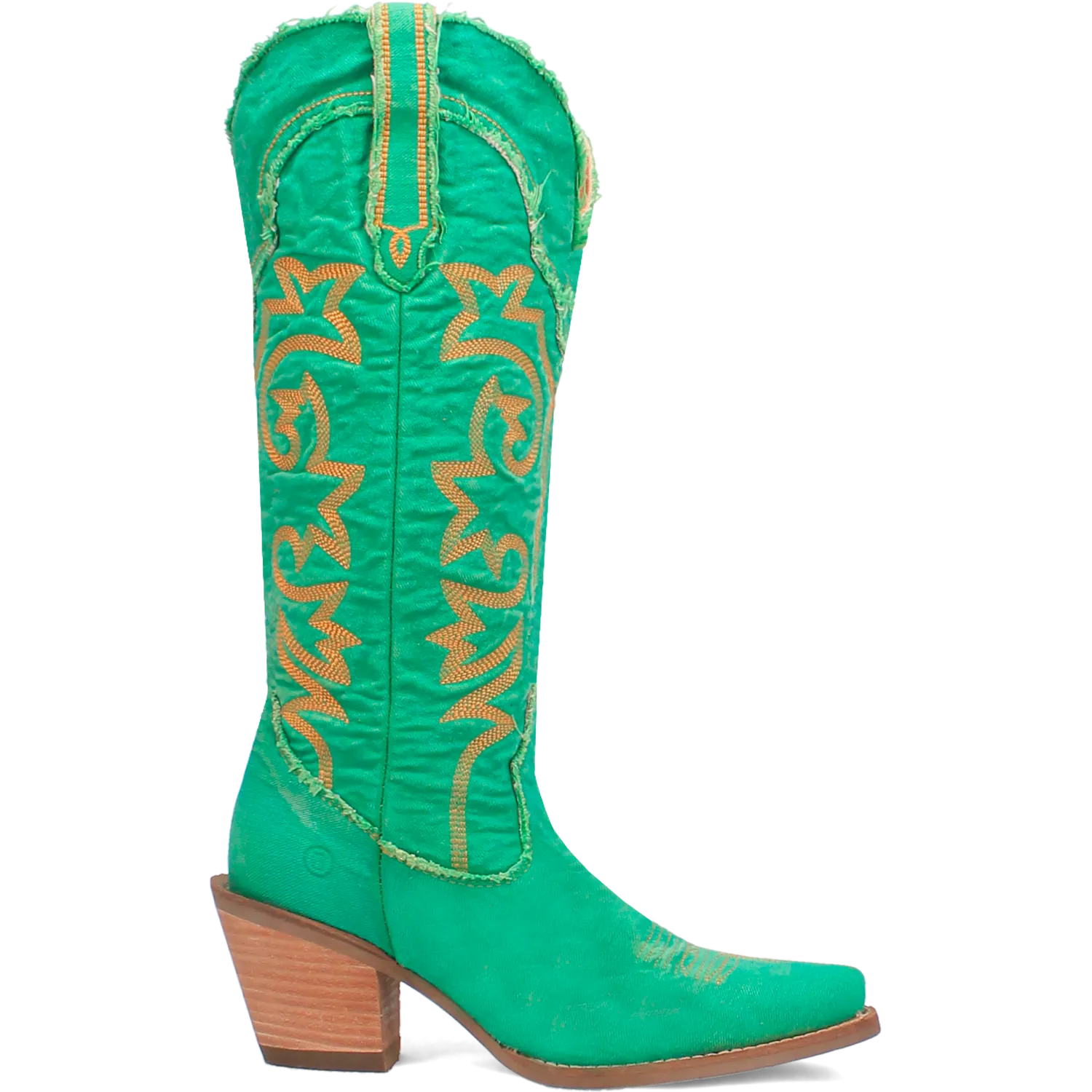 Texas Tornado Distressed Green Denim Embroidered Knee High Boots (DS)