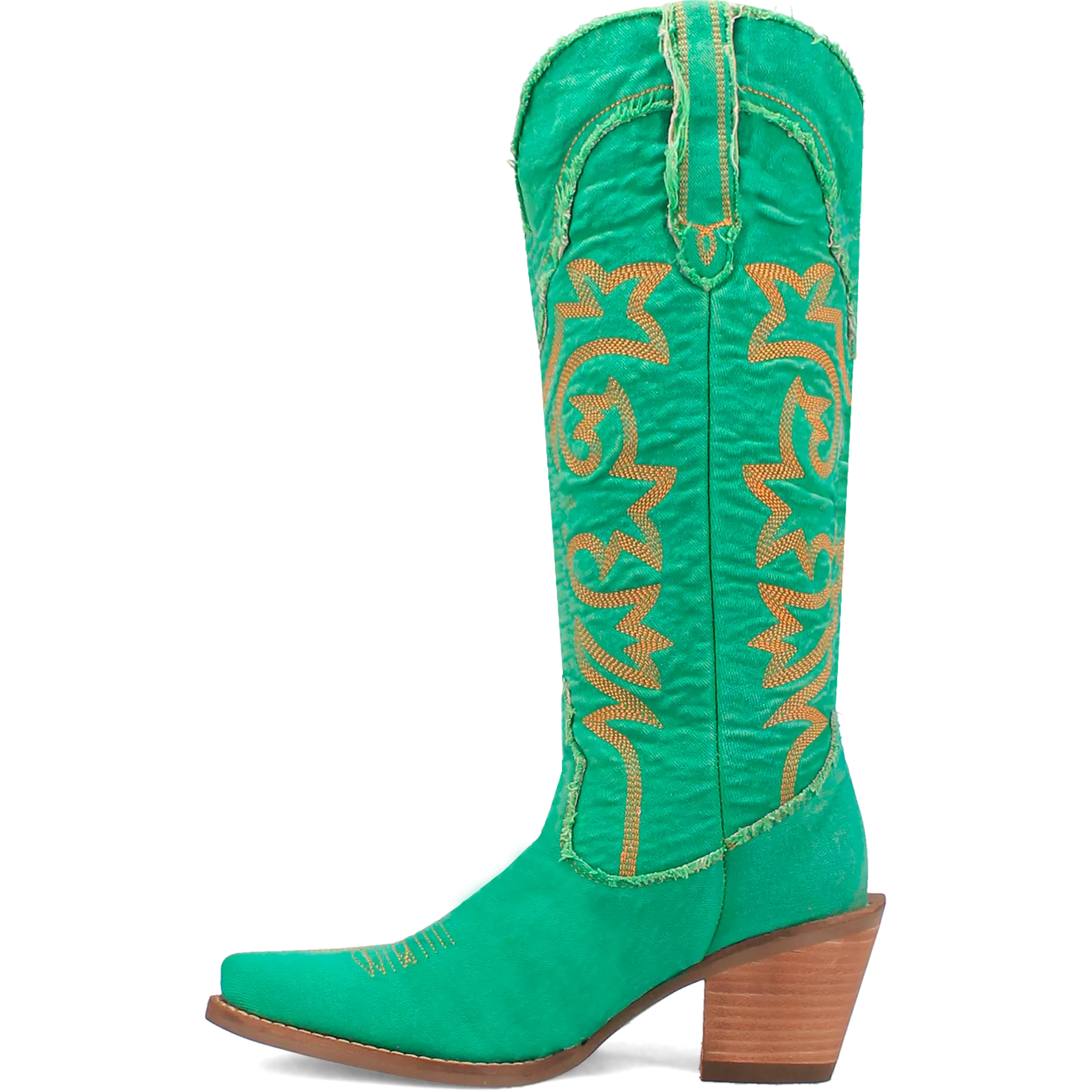 Texas Tornado Distressed Green Denim Embroidered Knee High Boots (DS)