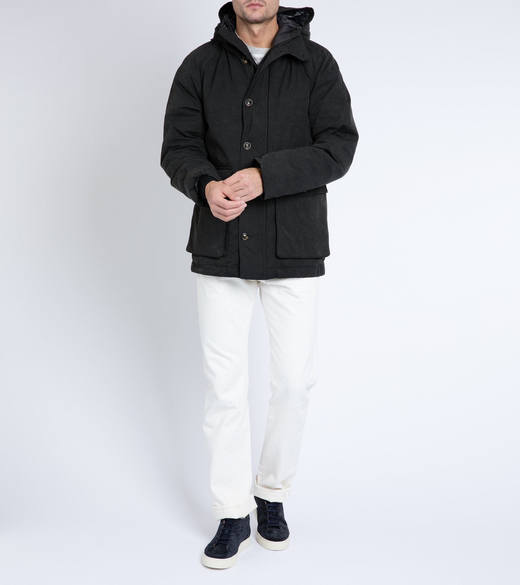 Valstar Waxed Cotton Goose Down Hooded Jacket: Navy