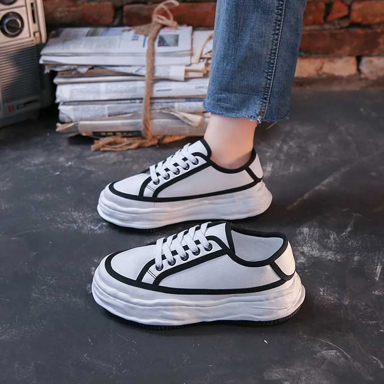 White black casual canvas platform shoe sneaker