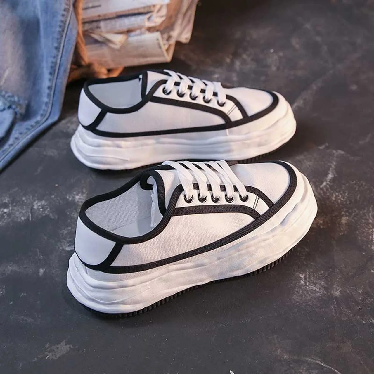 White black casual canvas platform shoe sneaker