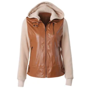 Women Autumn Winter Female Coat Plus Size Zip-up PU Patchwork Women Basic Detachable Hoodies Jacket 71967 SM6