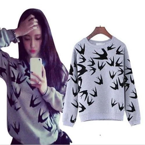 Women Casual Grey Crewneck Sweatshirts Long Sleeve 3D Swallow Pullover SM6