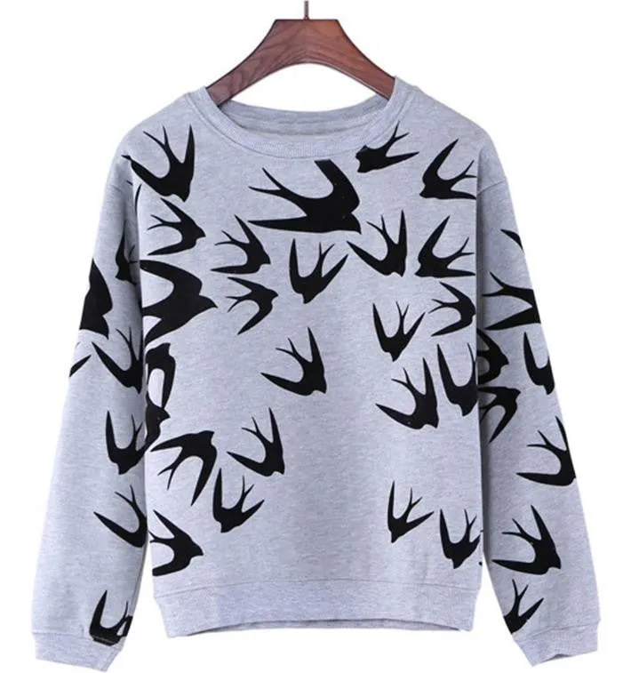 Women Casual Grey Crewneck Sweatshirts Long Sleeve 3D Swallow Pullover SM6